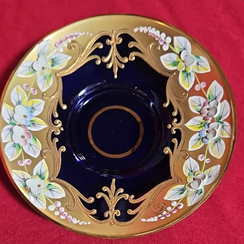 Vintage Bohemian Cobalt Blue Glass Tea Cup & Saucer Set 24K Gold High Enamel